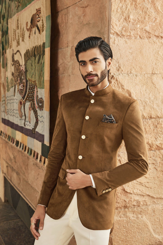 Tan Faux Suede Bandhgala Blazer - 5 Buttons