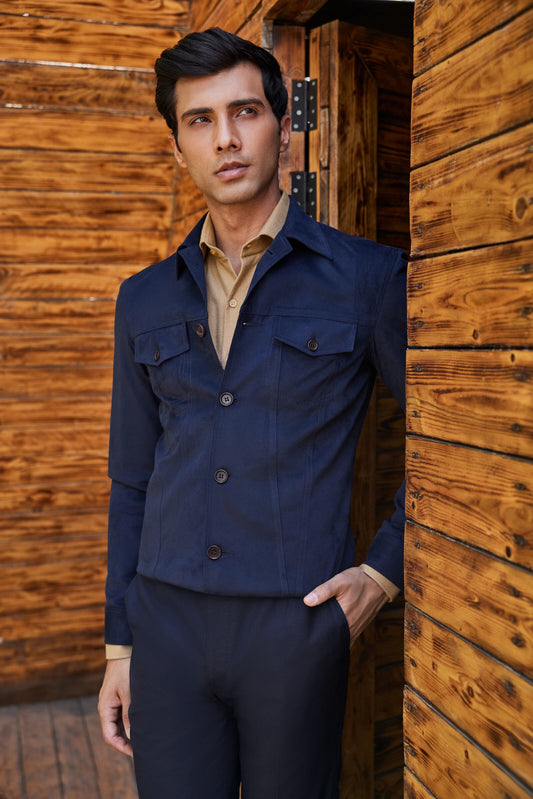 Blue Faux Suede Short Shirt - Patch Pocket