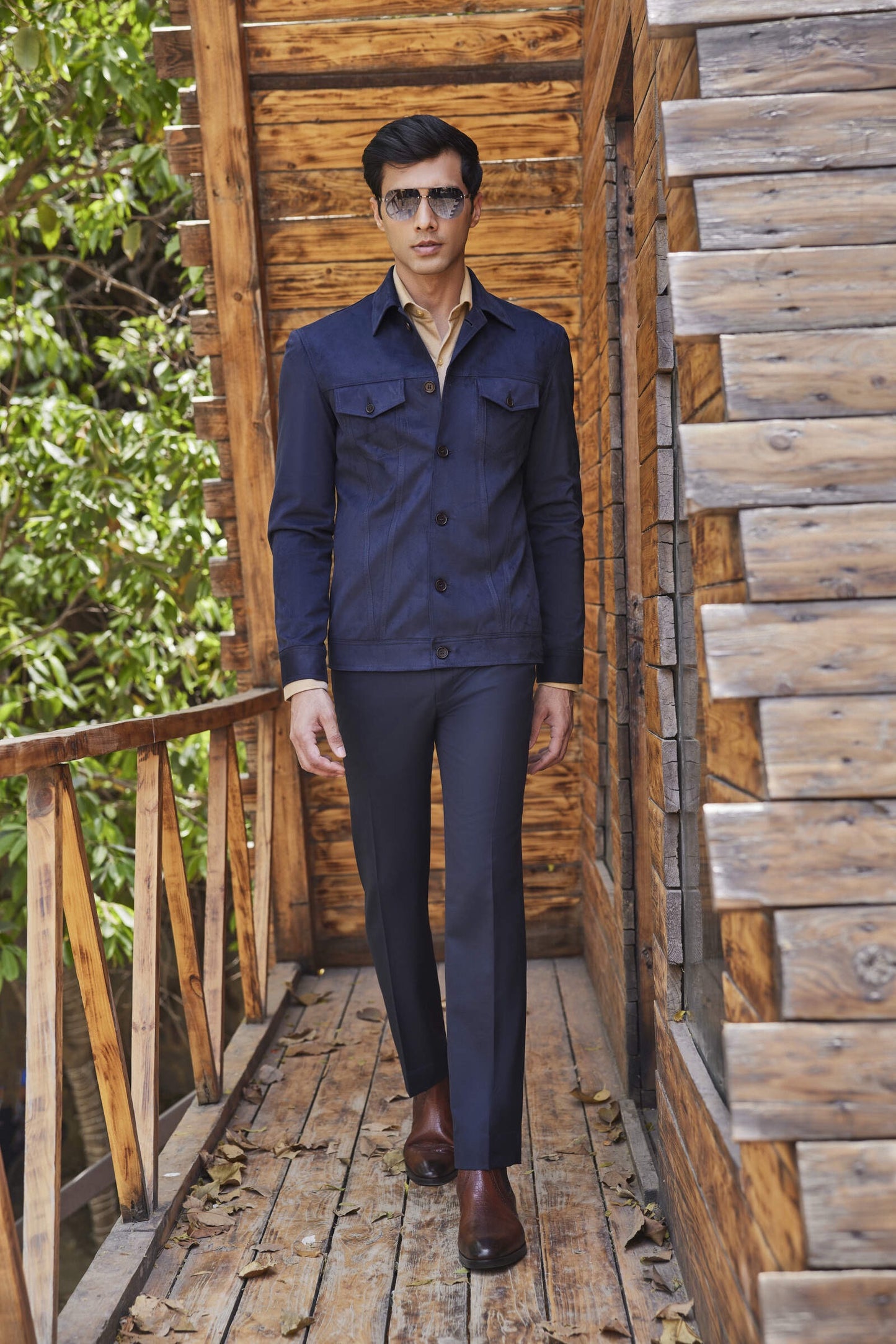 Blue Faux Suede Short Shirt - Patch Pocket