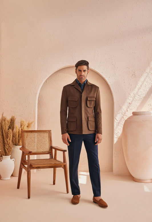 Brown Mock Suede Shacket Blazer - 4 Cargo Pockets with Flat