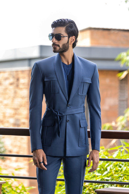 Deep Teal Wool Blend Suit - 4 Patch Pockets, Belt, Shawl Lapel