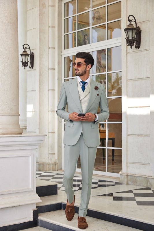 Pastel Green 1 Button Suit - Peak Lapel & Hand Stitch