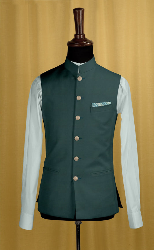 Turquoise Wool Blend Nehru Jacket