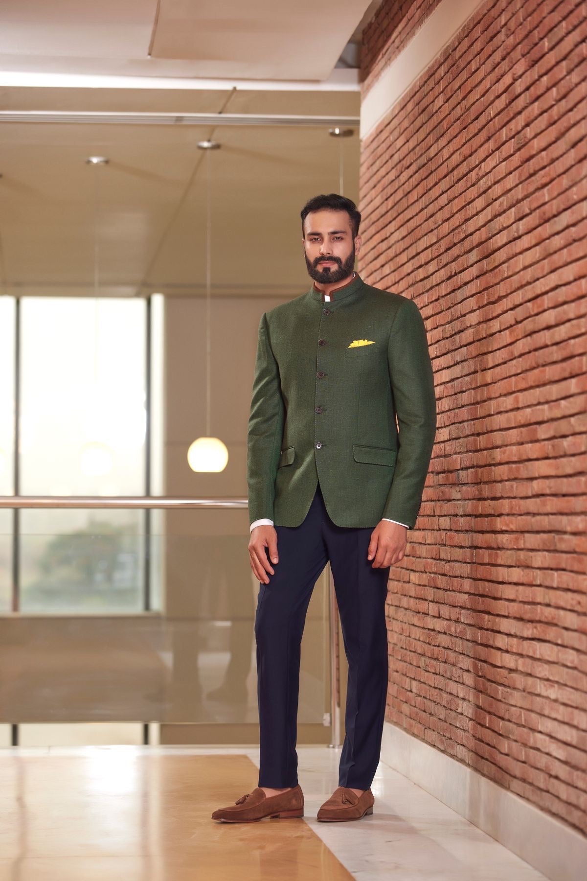 Green Wool Silk Blend Jodhpuri Blazer