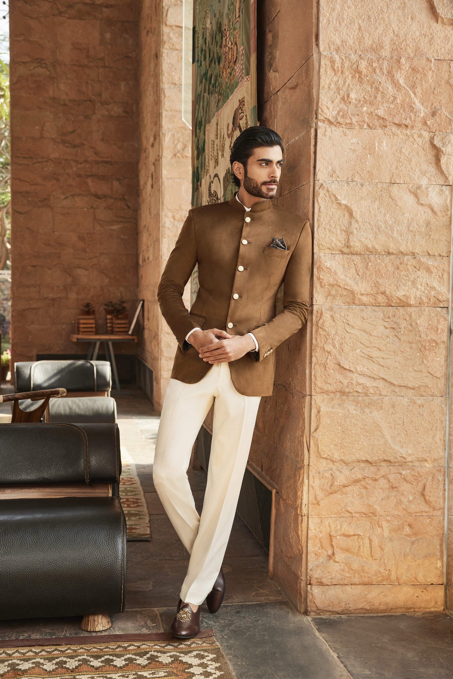 Tan Faux Suede Bandhgala Blazer - 5 Buttons