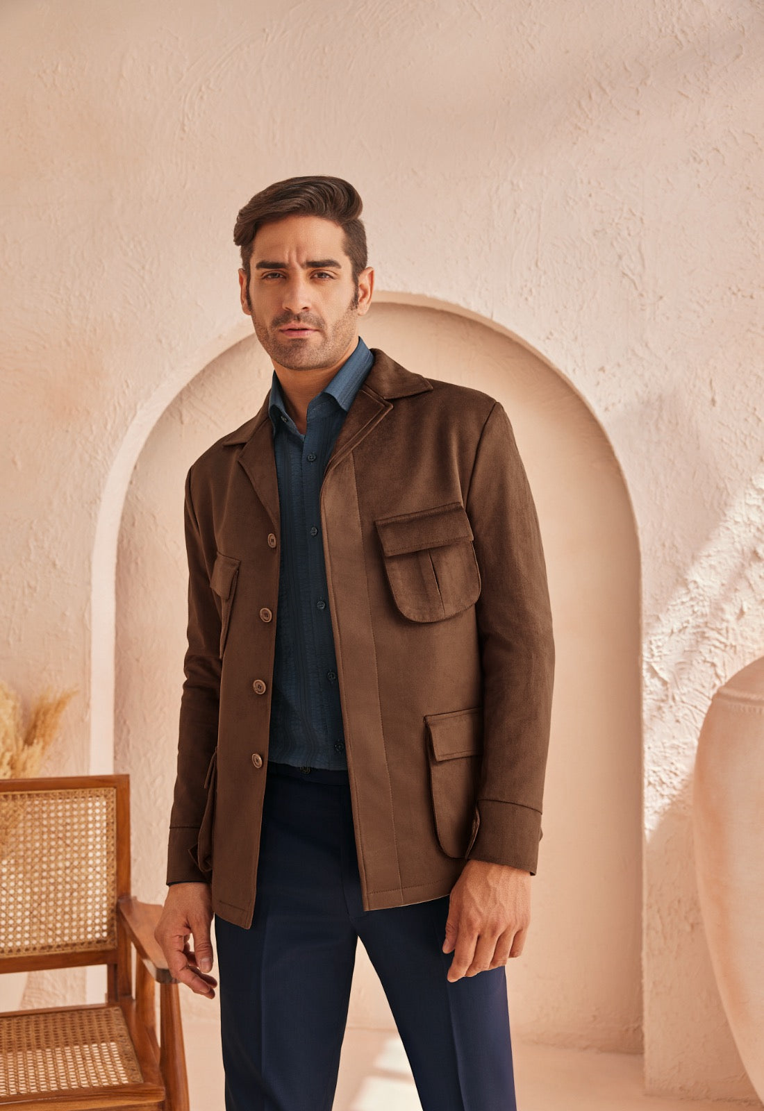 Brown Mock Suede Shacket Blazer - 4 Cargo Pockets with Flat