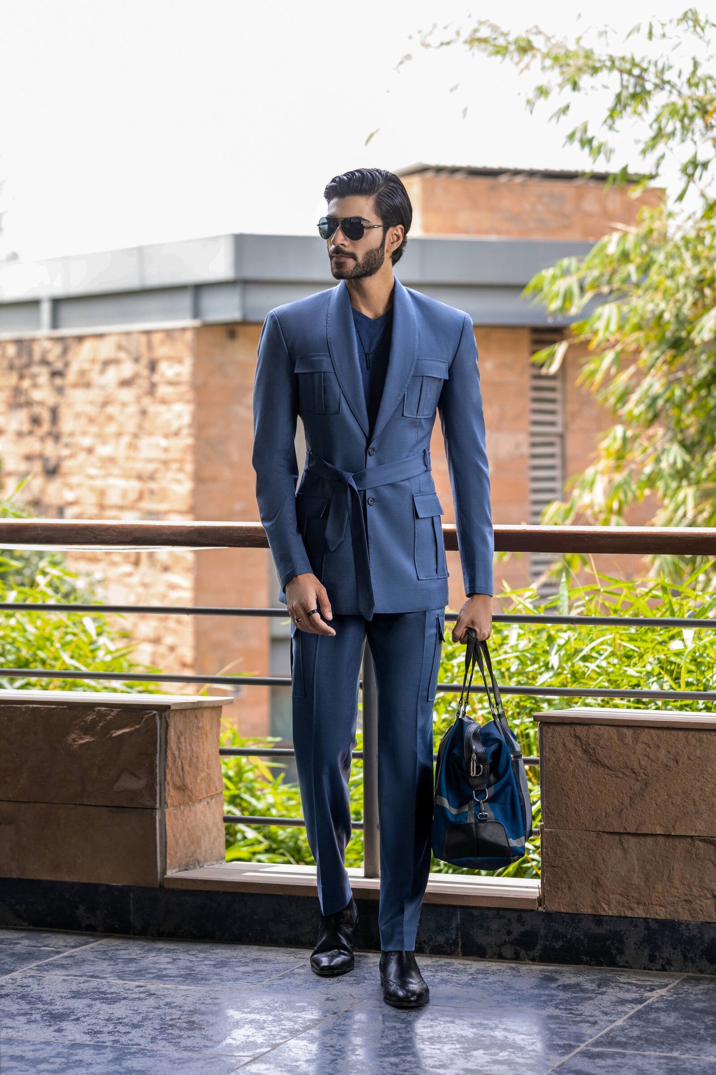 Deep Teal Wool Blend Suit - 4 Patch Pockets, Belt, Shawl Lapel