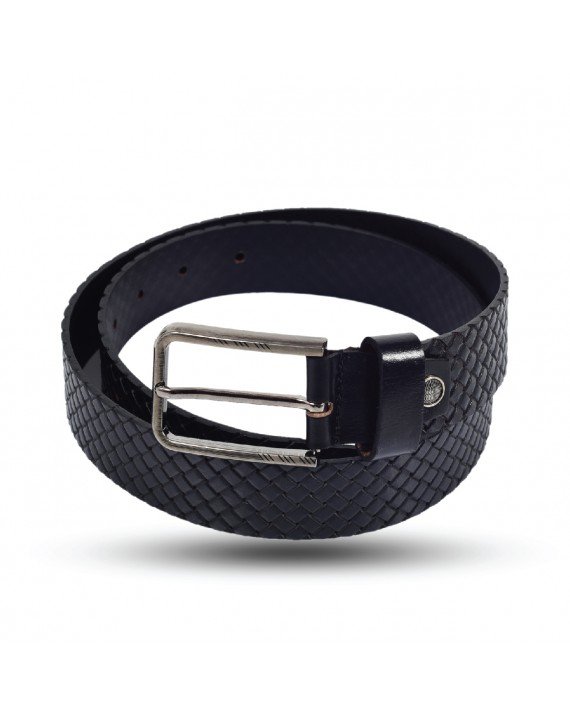Black Genuine Leather Belt - Braided Emboss