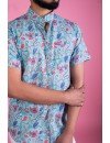 Fuchsia Flower Print 100% Cotton Blue Shirt