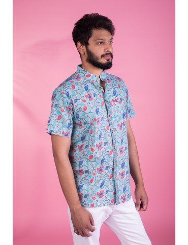 Fuchsia Flower Print 100% Cotton Blue Shirt